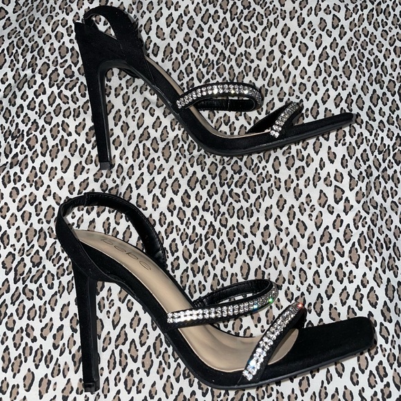 Bebe Black High Heel Suede Sandal Open Toe Bejeweled Rhinestone Bling Strap NWOT - Picture 7 of 12
